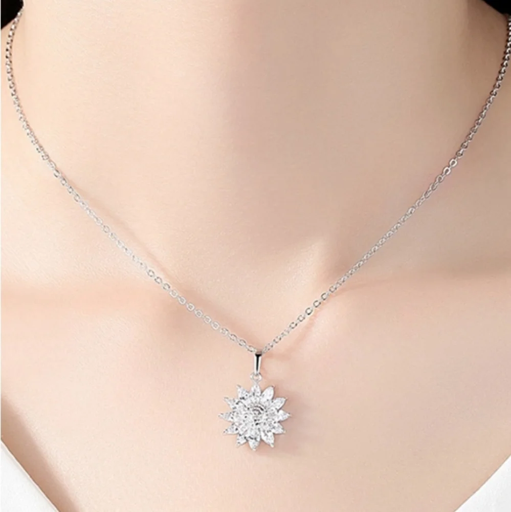 Dainty Sunflower Pendant Necklace Silver Tone